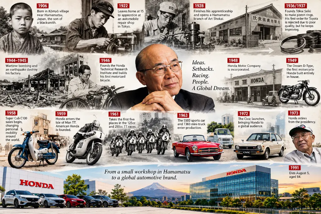 Soichiro Honda biography: how a blacksmith's son failed, rebuilt and made Honda a global motorcycle and car maker, with key US lessons.