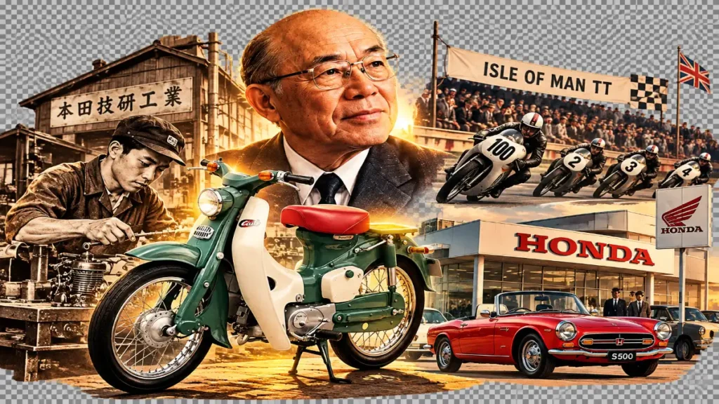 Soichiro Honda biography: how a blacksmith's son failed, rebuilt and made Honda a global motorcycle and car maker, with key US lessons.